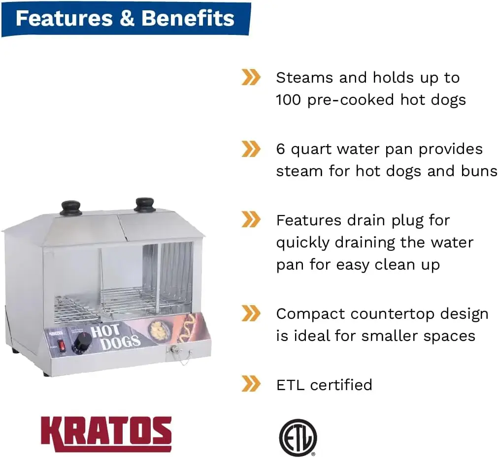 Countertop Electric Hot Dog Steamer, Commercial Hot Dog/Bun Merchandiser, Holds 100 Dogs and 48 Buns, Stainless Steel, 120V,