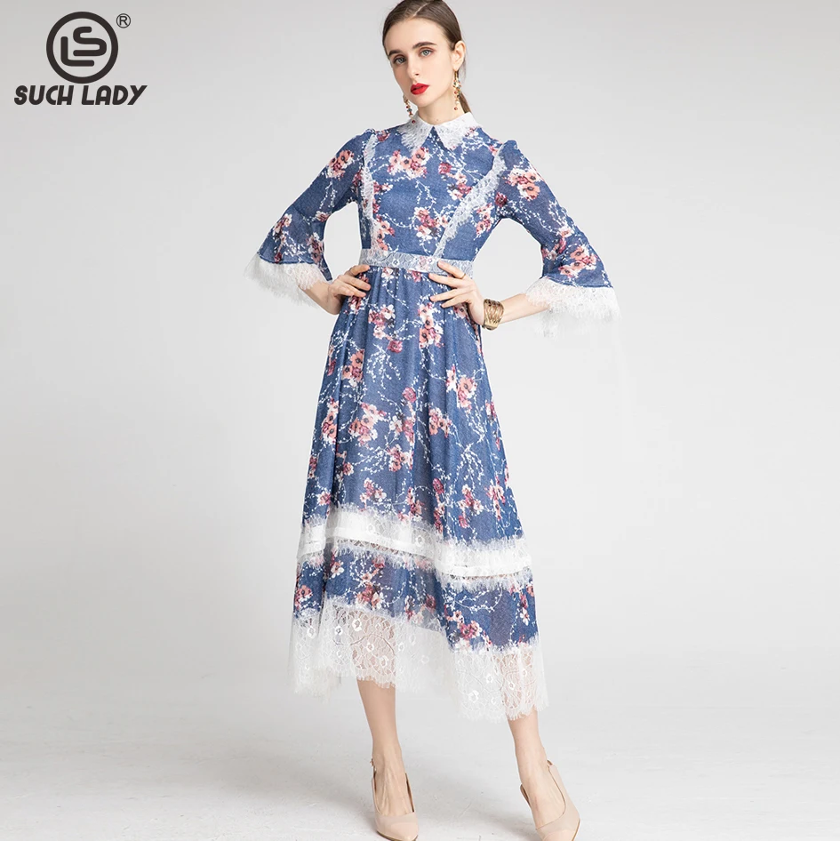 

Women's Runway Dress Turn Down Collar Long Sleeves Printed Lace Patchwork Floarl Fashion Mid Dresses Vestidos