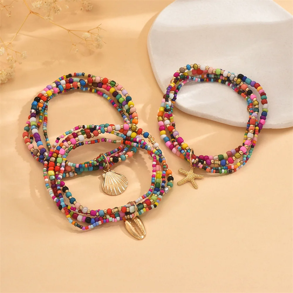3pcs/Set Rainbow Beads Starfish Shell Anklets Sets For Women Bohemia Foot Chains Beach Jewelry Summer Ankle Bracelet Accessories