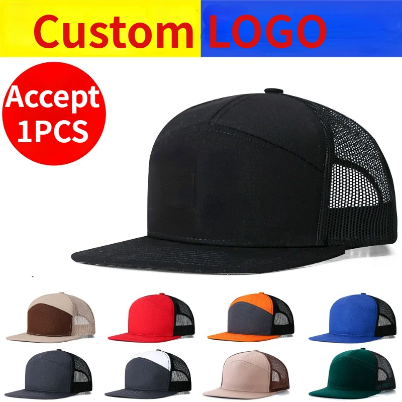 

Custom Logo Text 7 Panel Flat Brim Baseball Cap Men and Women Mesh Truck Hat Summer Outdoor Adjustable Snapback Hip Hop Gorras