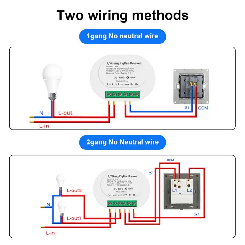 

Умный мини-выключатель Tuya ZigBee 16 А, релейный выключатель «сделай сам» с или без нейтрального провода, двухстороннее управление Alexa Google Home