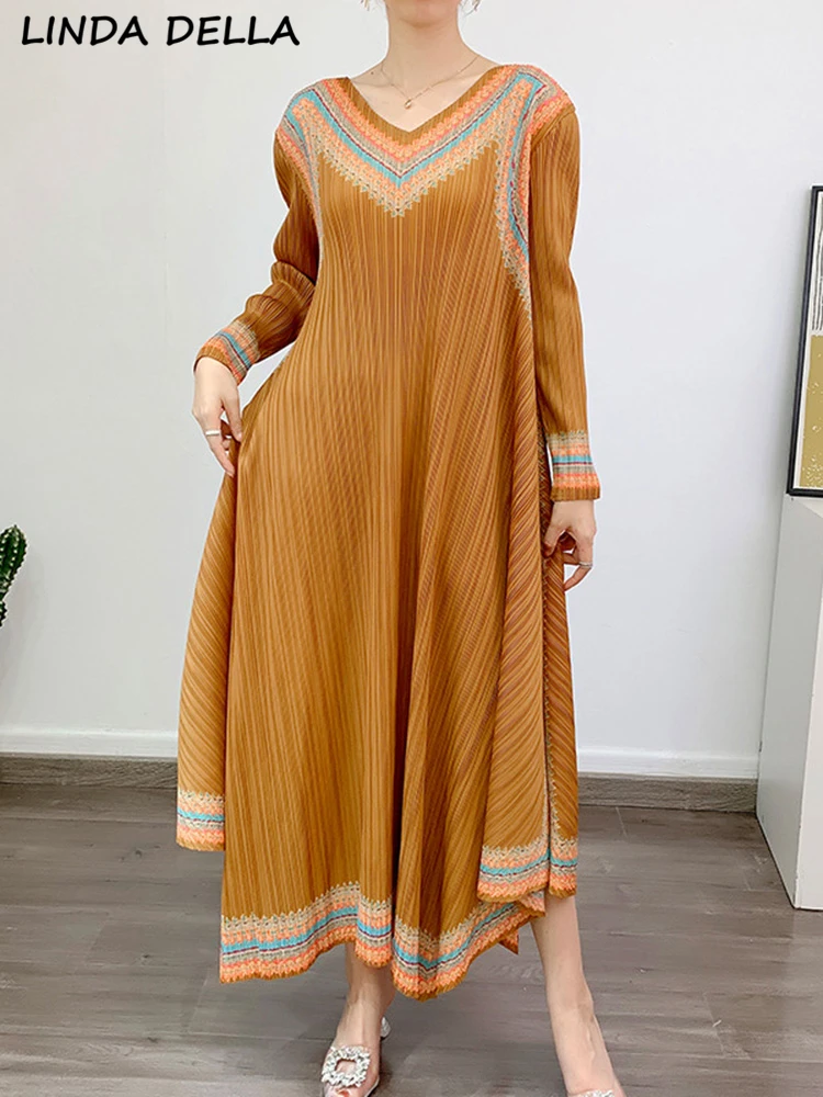 

LINDA DELLA Summer Fashion Designer Blue Vintage Pleated Dress Women's V-Neck Long Sleeve Loose Big Size Casual Print Long Dress