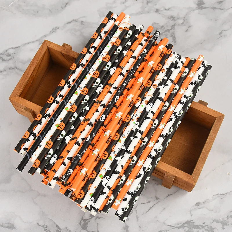 25/50 Pcs Halloween Black Orange Paper Straws Pumpkin Bat Spider Web Pattern Paper Drinking Straws for Halloween Party Supplies disposable paper straws