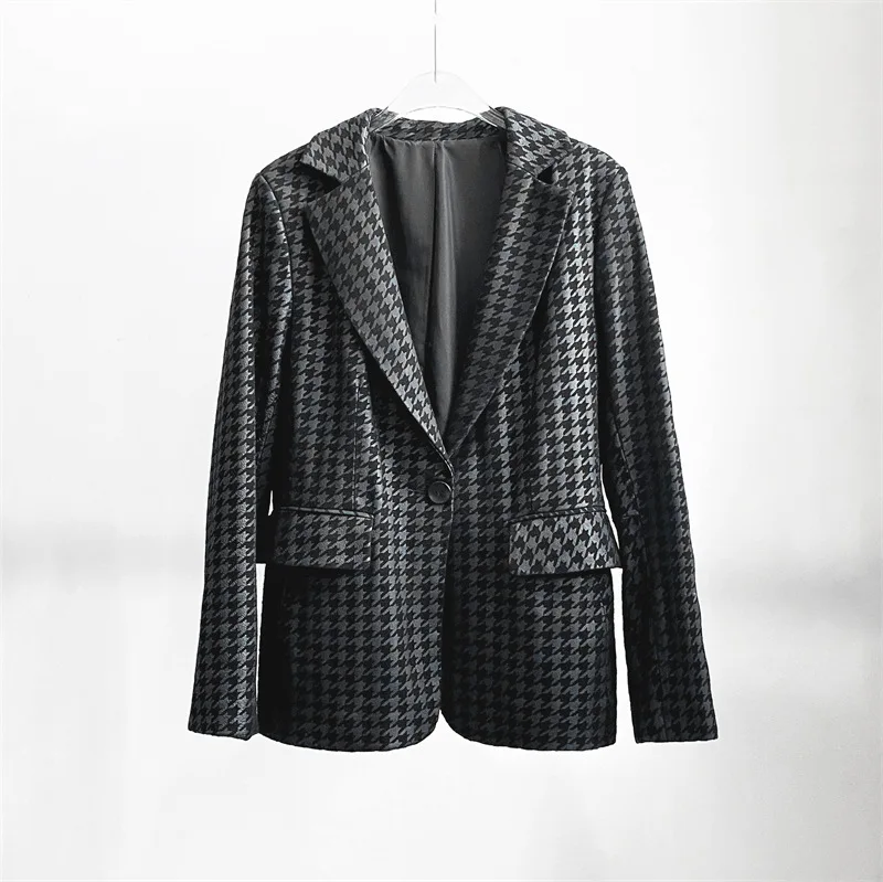 2022 Autumn Elegant OL Sheepskin Plaid Blazers Jackets Brand New Designer High Quality Genuine-leather Coat C447
