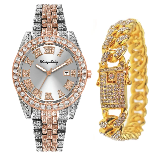 2pcs Full Iced Out Watches Mens Bracelet Bling Luxury Watch Blue Jewelry for Men Gold Watch HipHop Jewelry Men Watch Set Clocks