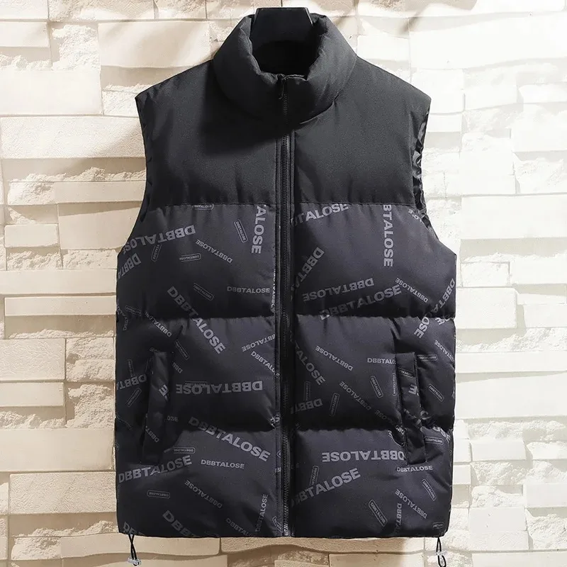 Autumn Winter Turtleneck Men's Letter Printed Sleeveless Zipper Pockets Cardigan Coats Vests Casual Loose Office Lady Tops