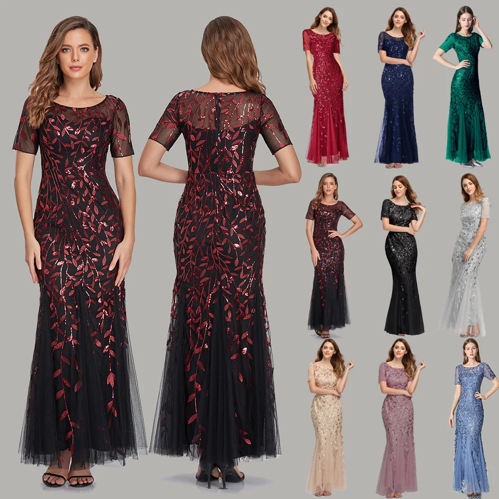 

VOLALO Sequin Mesh Mermaid Slim Evening Dress Beaded Leaves Pattern Formal Women Elegant Party Prom Gowns Short Sleeve