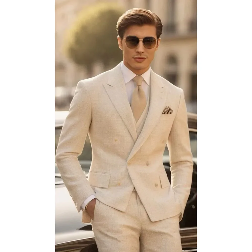 

Summer Linen Men Suits 3 Piece (Blazer+Vest+Pants) High Quality Peak Lapel Double Breasted Suit Smart Casual Wedding Tuxedo