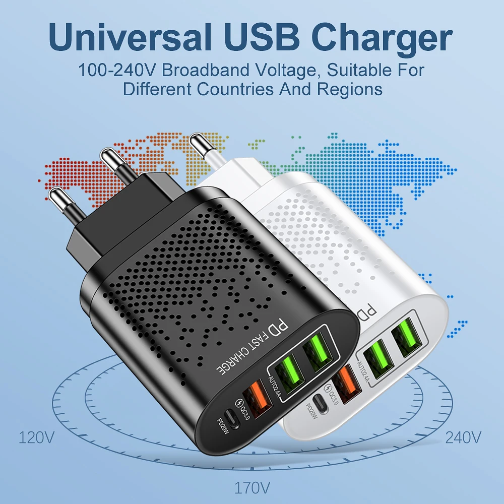 Total 45W 4 in 1 3 USB 1 Type C Quick Charging Fast Wall Charger For iPhone Samsung Xiaomi Huawei Oppo Mobile Phone Adapter