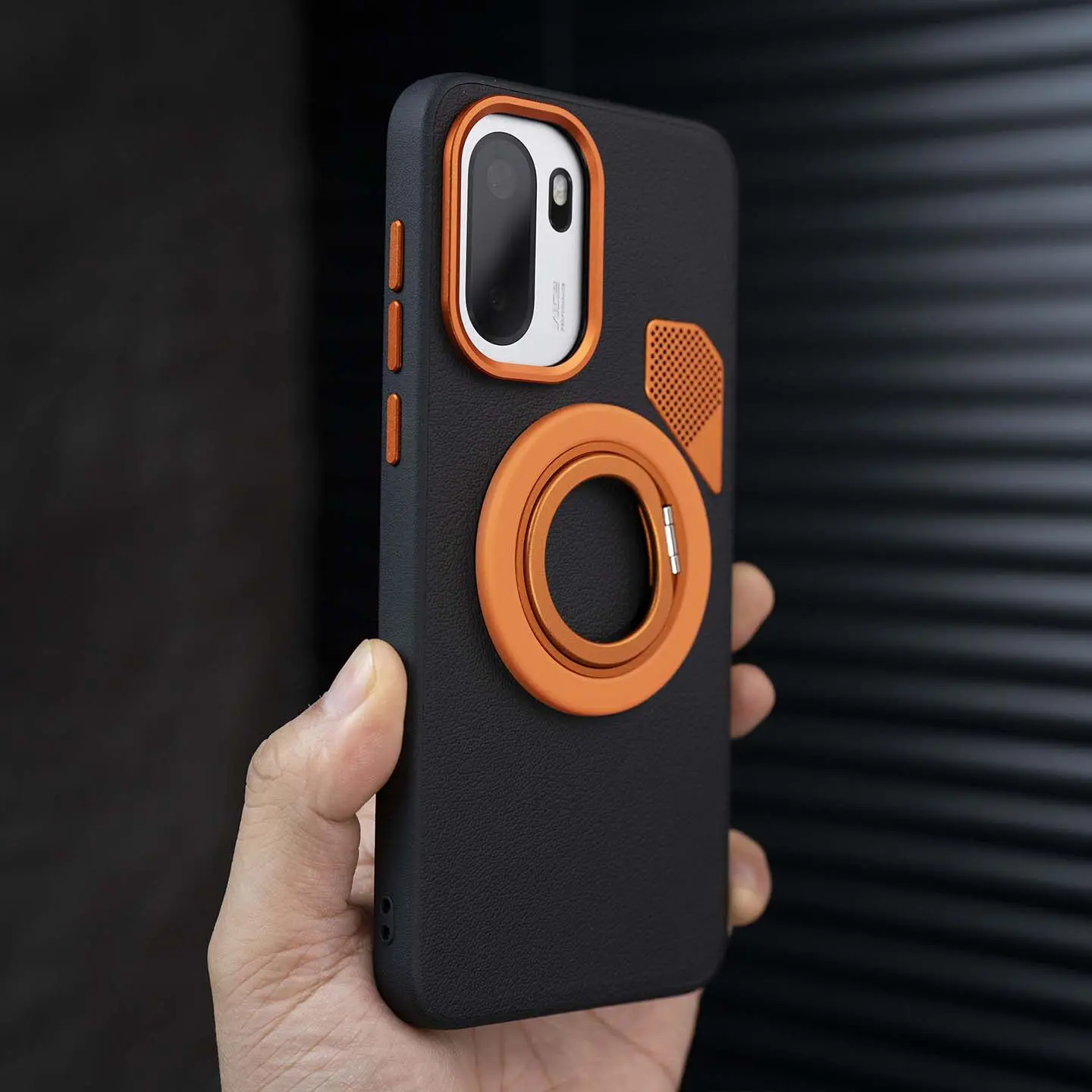 360° Rotating Stand Case with Frosted PU Leather and Metal Button Lens Ring - Shockproof Protection