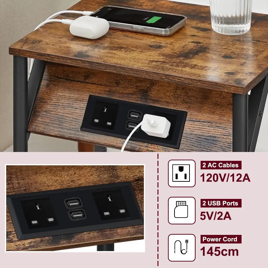 طاولة جانبية مع محطة شحن، طاولة جانبية بطبقتين للأ...