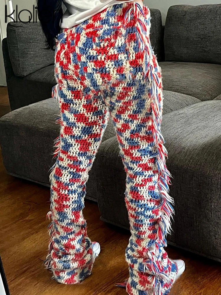 

KLALIEN Colorful Tassel Patchwork Trousers Women Autumn Winter Knitted Warm High Waist Pants Streetwear Y2K Bottoms Female
