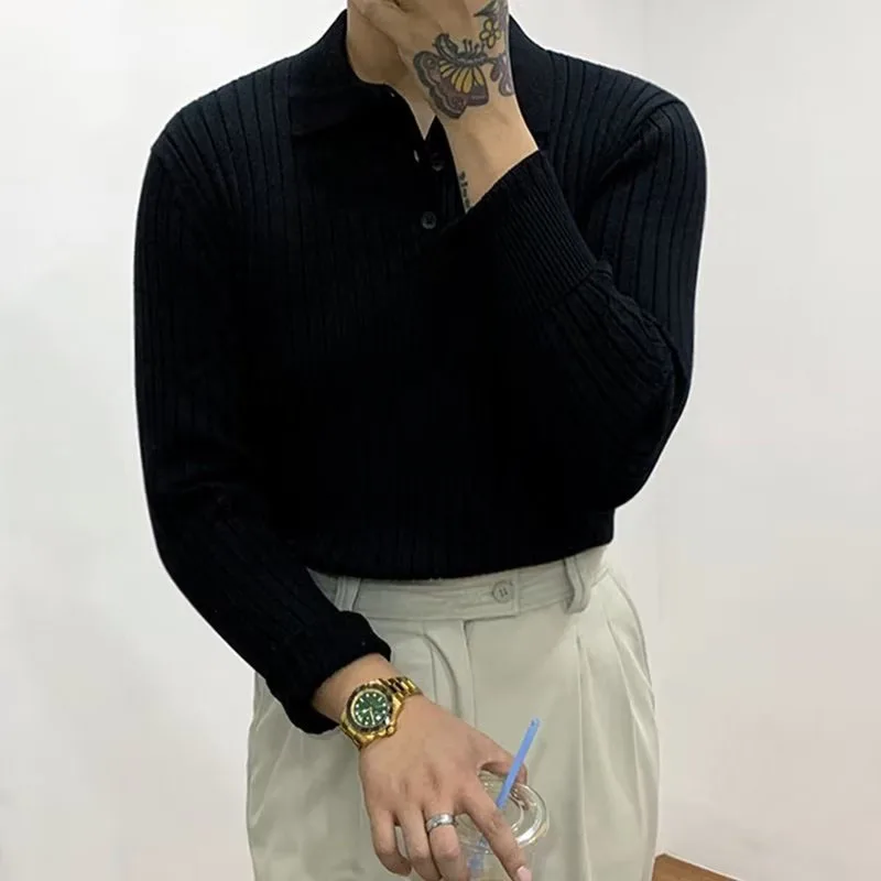 

Fashion Solid Color Knit Ribbed Polo Shirt For Men Autumn Casual Slim Fit Button Lapel Polo Tops Streetwear Mens Leisure T-shirt