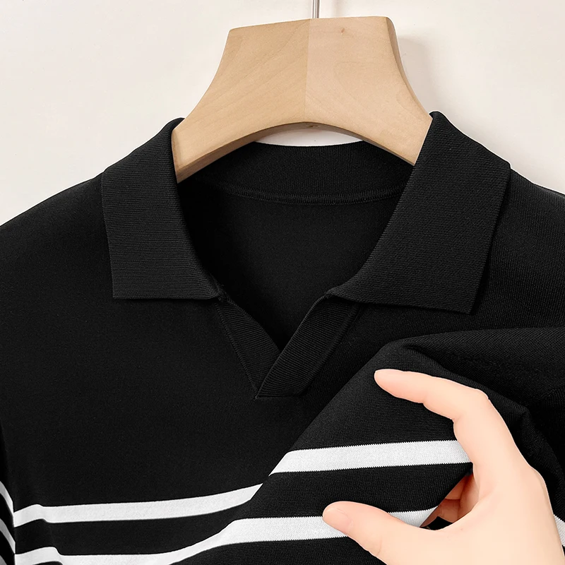 

High End Brand 2024 Summer New Men's Designer Mulberry Silk Striped Polo Shirt Trend Lapel Seamless Comfort T-Shirt Men's Wear