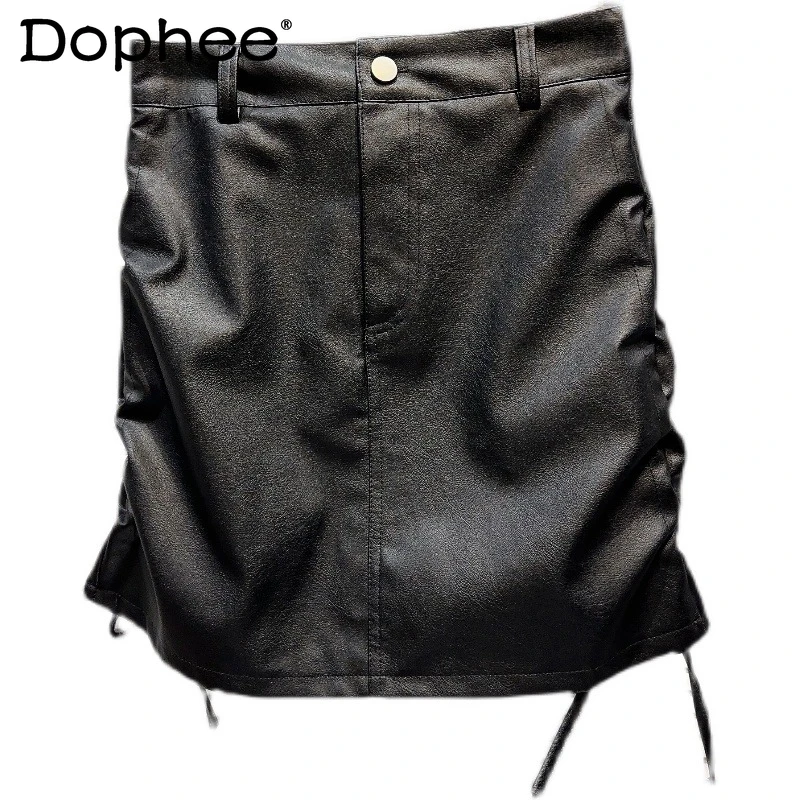 

2023 Autumn New Elegant Sexy Socialite Pleated Pleated Solid Color Hip Skirt PU Leather Skirt Mini Short Skirts Kawaii Clothes