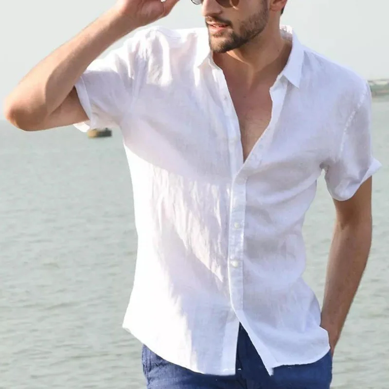Men's casual solid color thin short sleeve shirt 5
