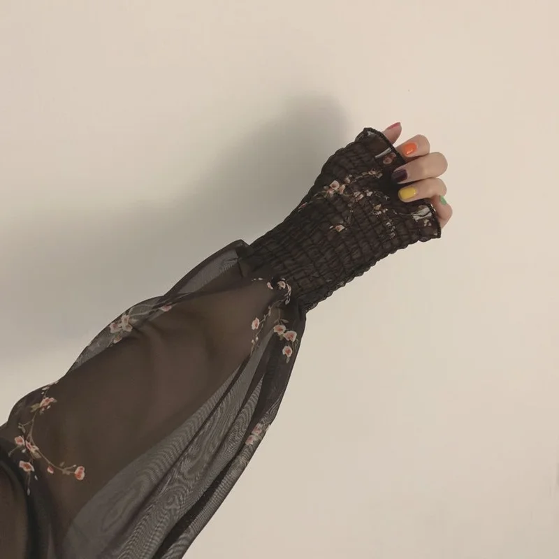 Women Sexy Black Chiffon Dress Spring Vintage Flower Long