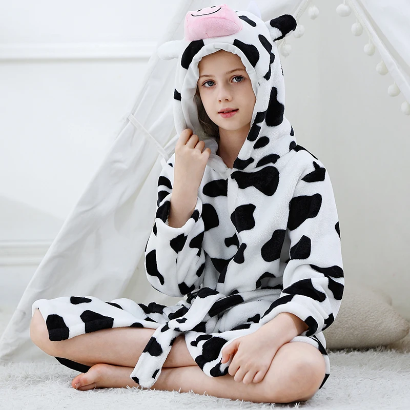 Winter Children's Flannel Bathrobes Girls Sleepwear Robe Baby Cow Robe Boys Pajamas Comfort Kids Cartoon Homewear 3-13 Years
