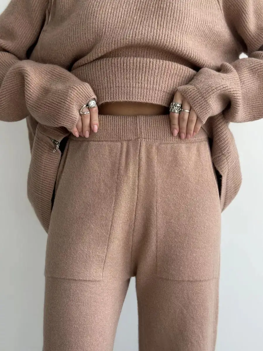 Knit Zipper Women's Pants Sets For Women Slim Lapel Long Sleeve Pullover And Patchwork Straight Legg 2 Piece-Set Winter