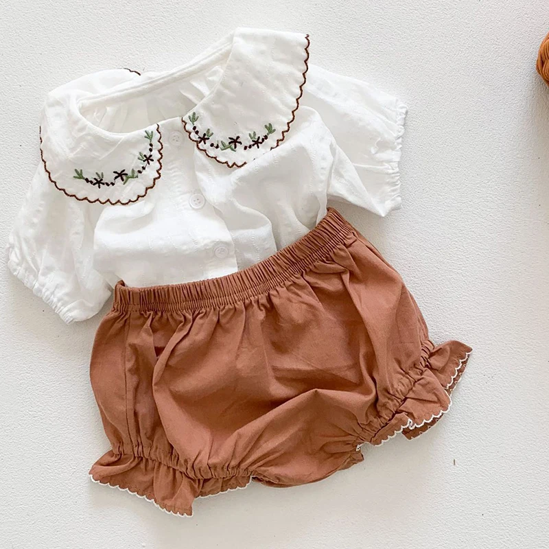 NewbornBabyGirlsClothingSetShortSleevedCottonEmbroideredShirt