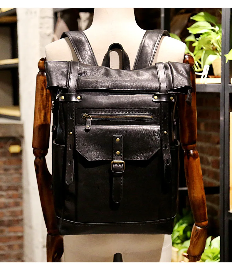 Leather Roll Top Backpack With Pockets