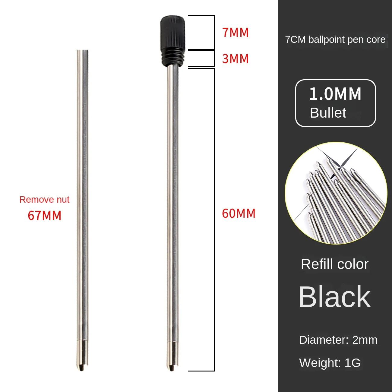 

10Pcs 70mm Metal Refills Replacment For ballpoint pen Refills 1.0mm