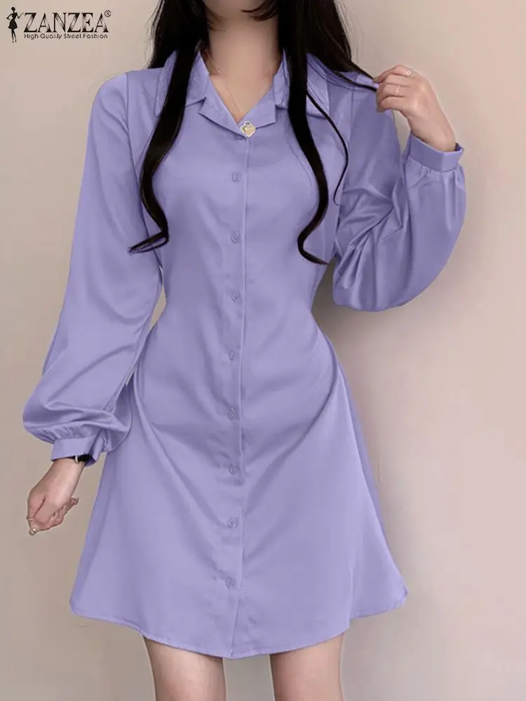 

Элегантное мини-платье ZANZEA с поясом, женское однотонное облегающее платье, осень 2023, платья с длинным рукавом-фонариком, модные платья с отложным воротником