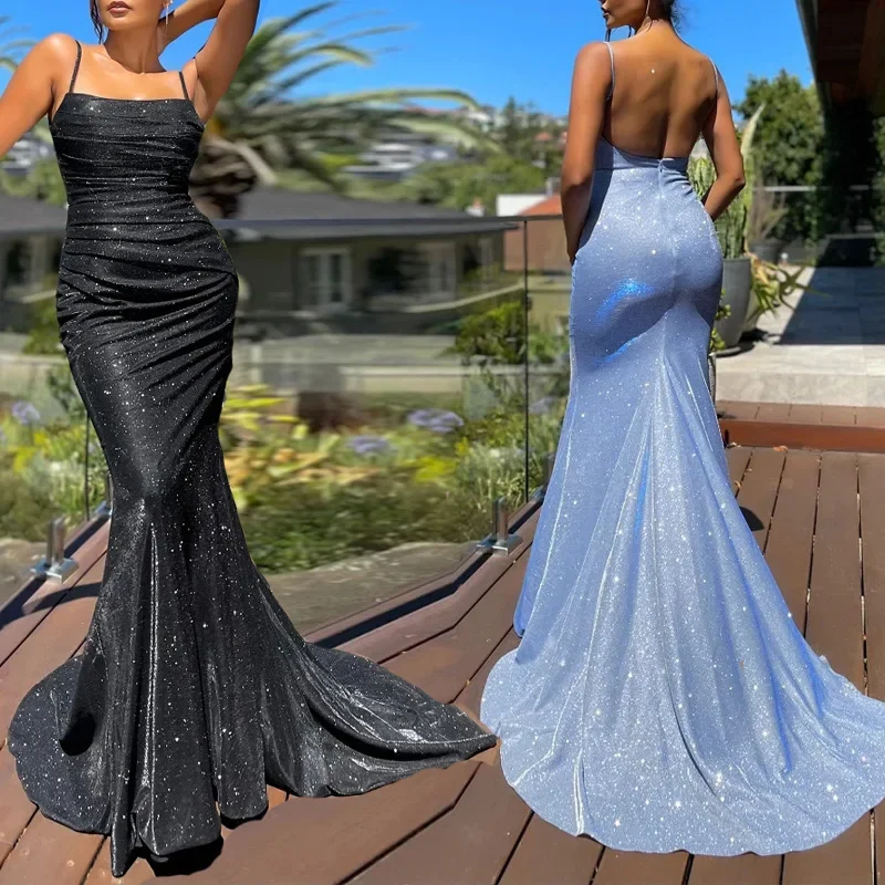 

2024 Summer Women's Sleeveless Suspender Shine Long Length Fishtial Maxi Dress Slim Female Party Dresses Vestido Plus Size 10xl