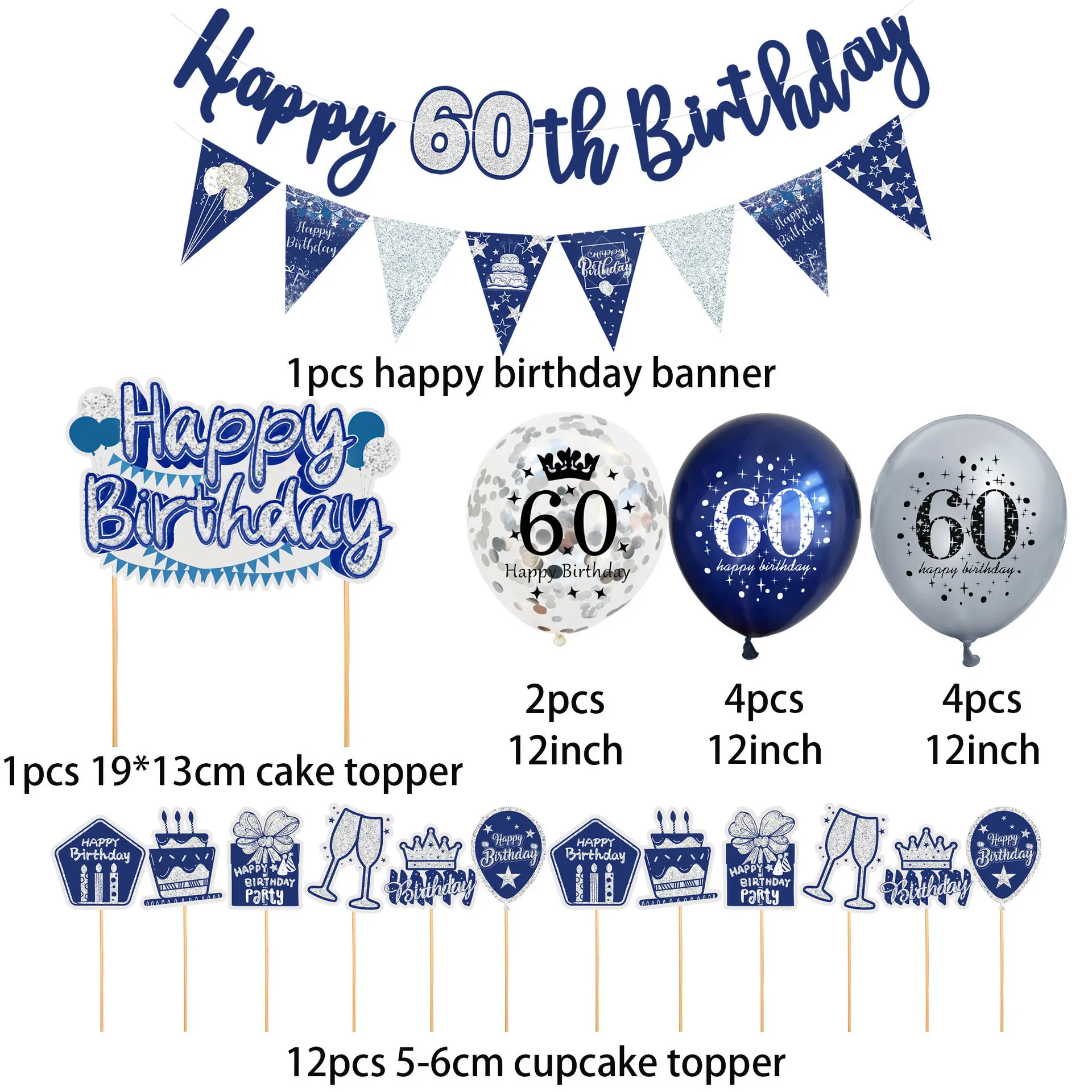 Set 5 Palloncini Compleanno Happy Birthday – 2 Blu E 2 Bianchi 18" + Banner Gigante 94x49 Cm – In Alluminio Resistente, Per Feste Bambini E Adulti, Decorazione Facile!