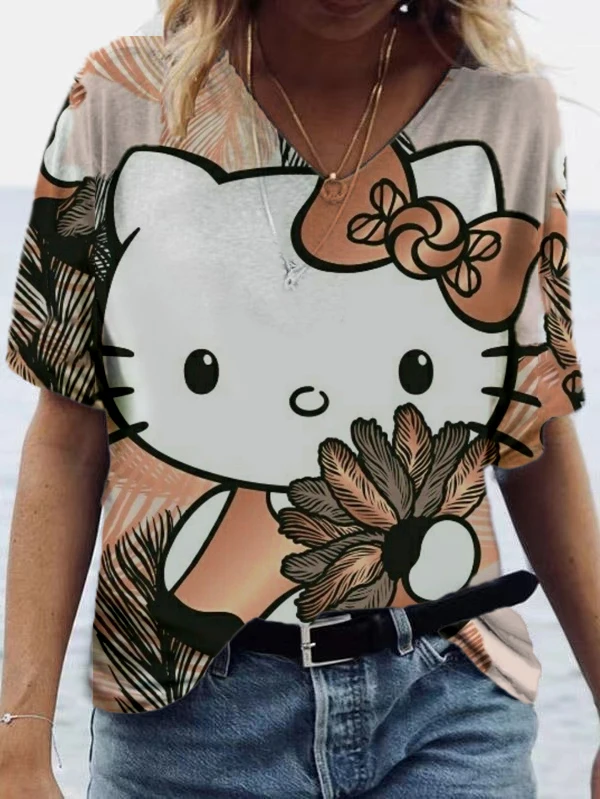The Latest Discount Top Hello Kitty Printed Cute Girl Pink Vneck Top
