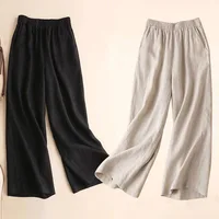 Fashion Full Length Casual Pants for Women Cotton Linen Wide Leg Pants Solid Summer Pants Female Loose High Waist Straight Trous - Image 2