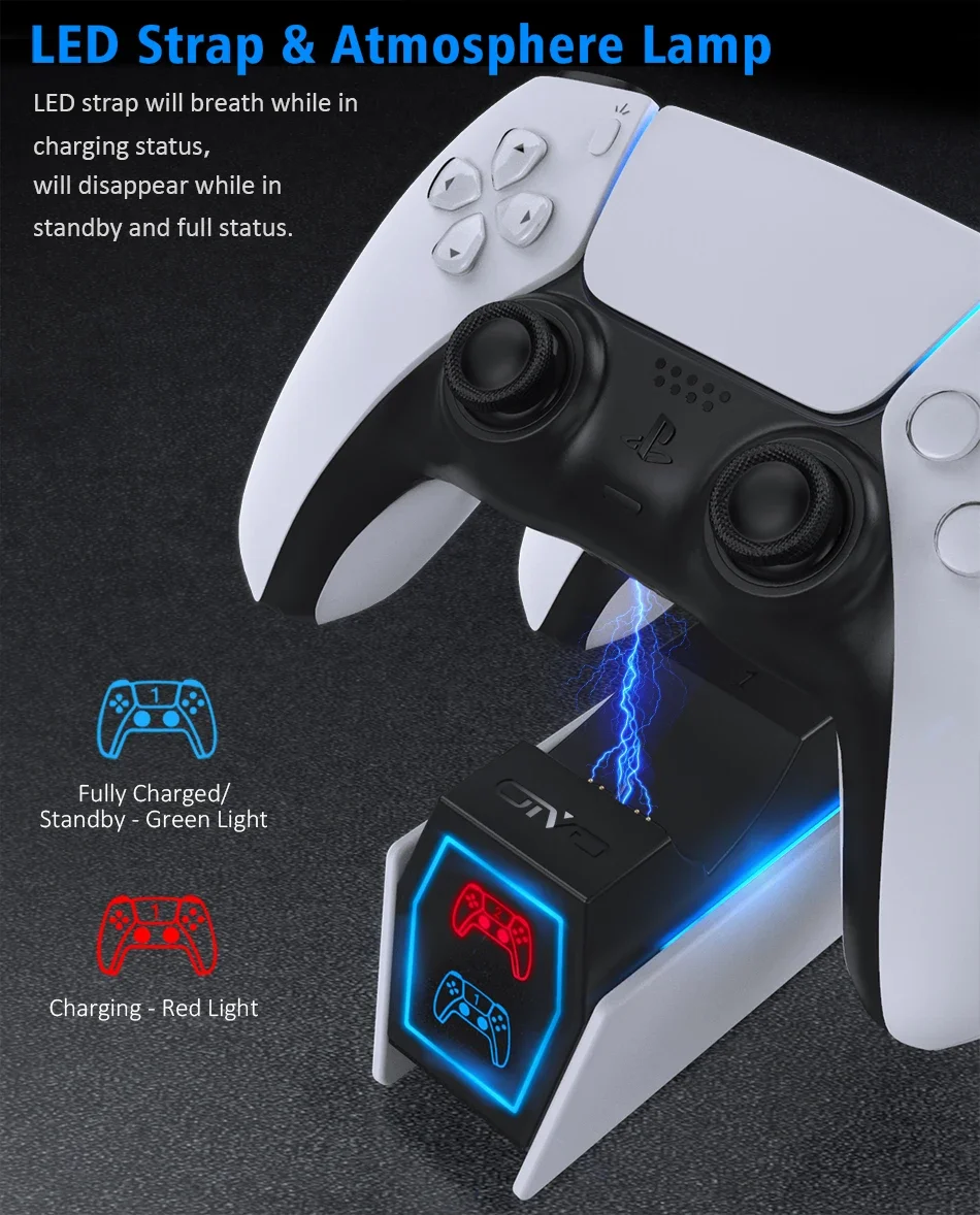 PS5 듀얼 컨트롤러 충전 도킹 스테이션(미국 플러그 포함) - Playstation 5 무선 게임패드용 고속 충전기, 과열 방지