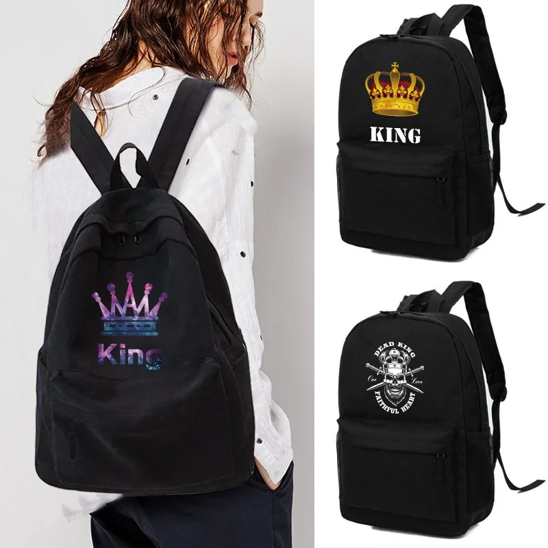 Unisex Backpack Casual Canvas KingQueen Printed Backpack School Bag New Large Capacity Boys and Girls Student Schoolbag Rucksack