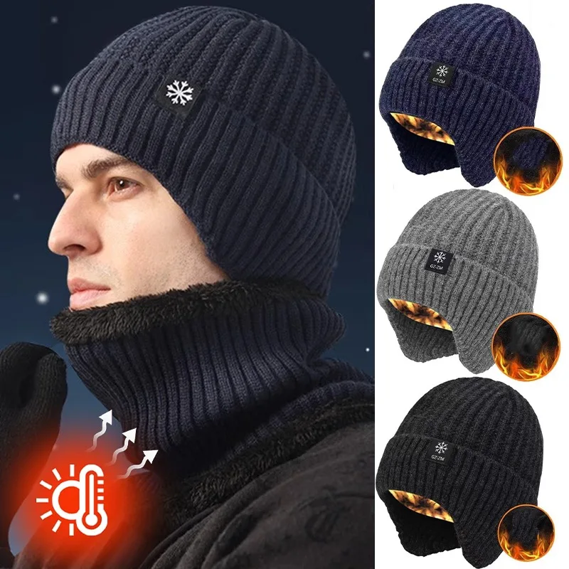 New Men Velvet Lining Skullies Beanies Hat Scarf Thick Warm Winter Dad Velvet Earmuffs Cap Crochet Bonnet Plush Knitted Caps