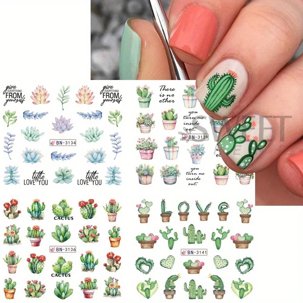 12 Design Green Cactus Nail Art Water Sticker Decal For Nail Art Decoration Plant Spring Cute Cactus Leaves Design Manicure Tips