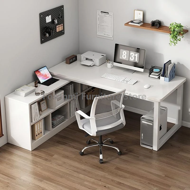 White L-Shaped Office Desk Chair Set with Storage Cabinet Modern Home Corner Writing Gaming Computer Desk with Chair Furniture