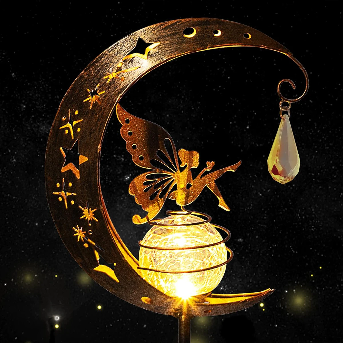 Solar Decoration Light Moon Fairy Lamp Outdoor Garden Crackle Glass Globe with Angel Pathway Stake Light Solar Grdound