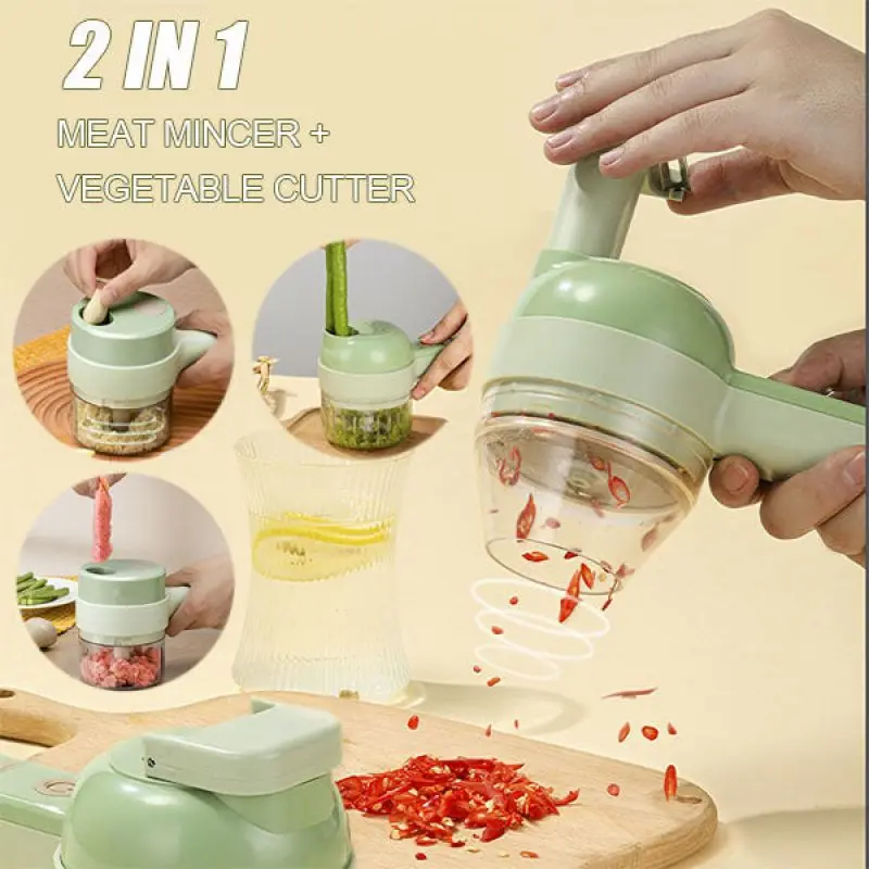 

4 In 1 Handheld Electric Vegetable Cutter Set Durable Chili Vegetable Crusher Kitchen Tool USB Charging Ginger Masher Machine