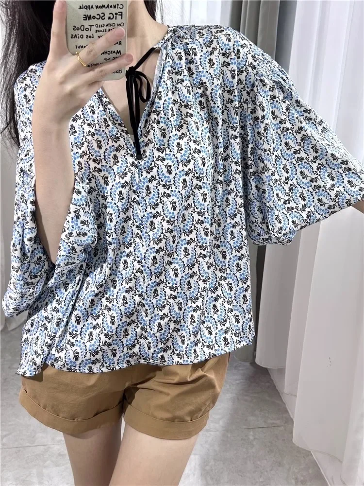 

Женская винтажная блузка с цветочным принтом, V-образным вырезом и длинным рукавом-фонариком, весна 2024