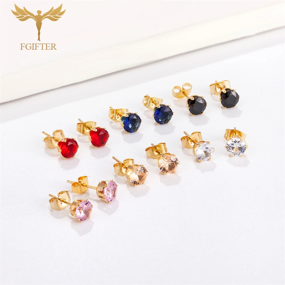 Paquete de 12 Pares de Aretes de Cristal en 6 Colores: Blanco, Negro, Rosa, Azul, Rojo, Circonitas, Acero Inoxidable Dorado, Juego de Aretes para Mujer