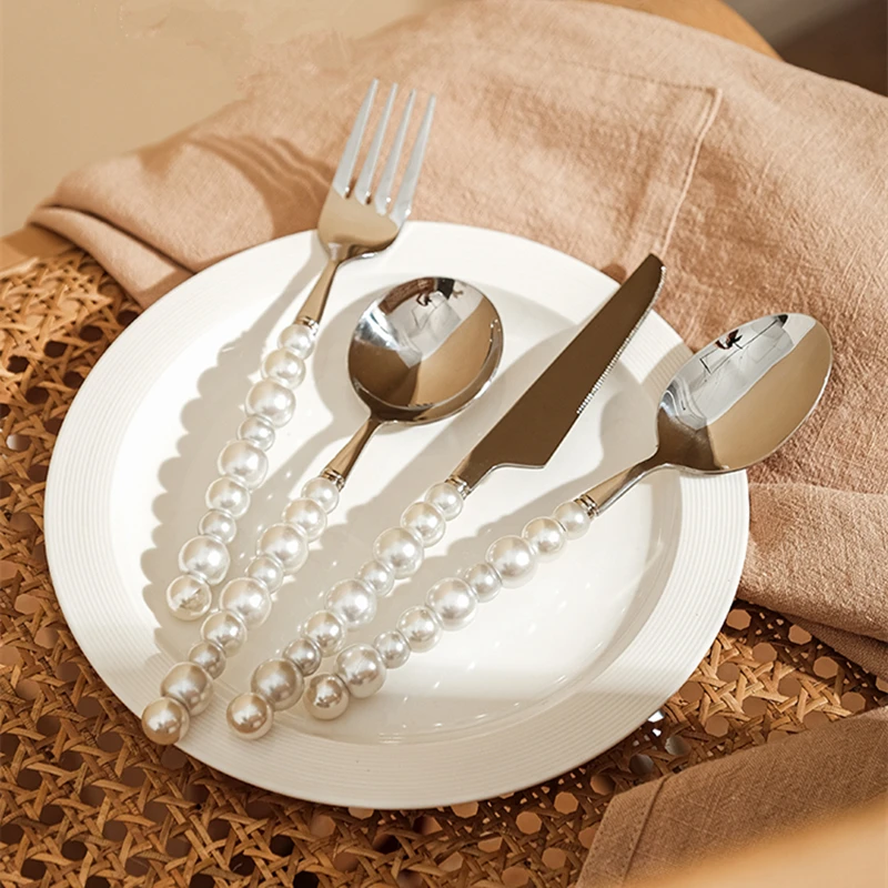 Europe Silver Fashion Pearl Cutlery Set 18/10 Stainless Steel Creativity Gift Flatware 304 Knife Fork Spoon