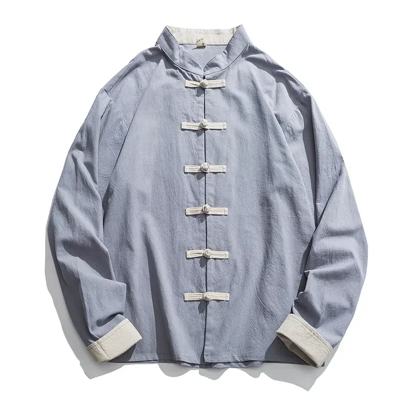 Men Chinoiserie Stand-up Collar Frog Cardigan Retro Long-sleeved Shirt Mens Linen shirts Japanese Kimono Men's Hanfu Tops