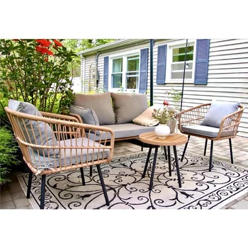 4 Pieces Patio Furniture Set, Outdoor All-Weather Rattan Conversation Set with Loveseat Chairs Table Soft Cushions for Backyard 1
