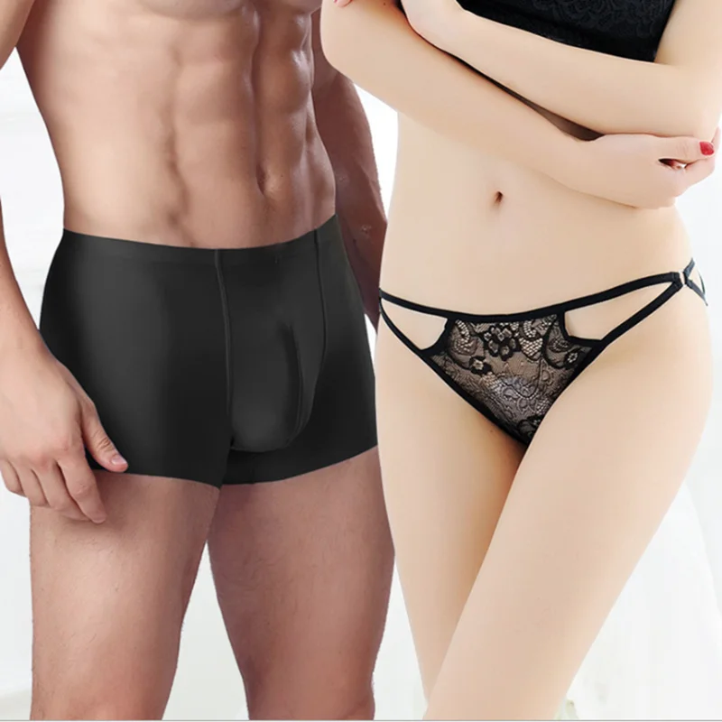 

2Pcs Couples Underwear Sexy Women Hollow Out Lace Panties Cozy Men Ice Silk Short Boxer Breathable Black Lovers Lingerie