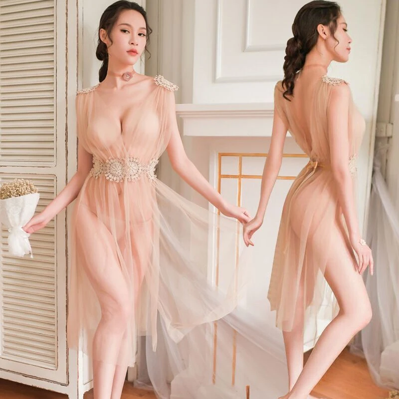 Women's Sexy Sleepwear Night Gown Mesh See Through Slit Long Maxi Dresses  Bikini