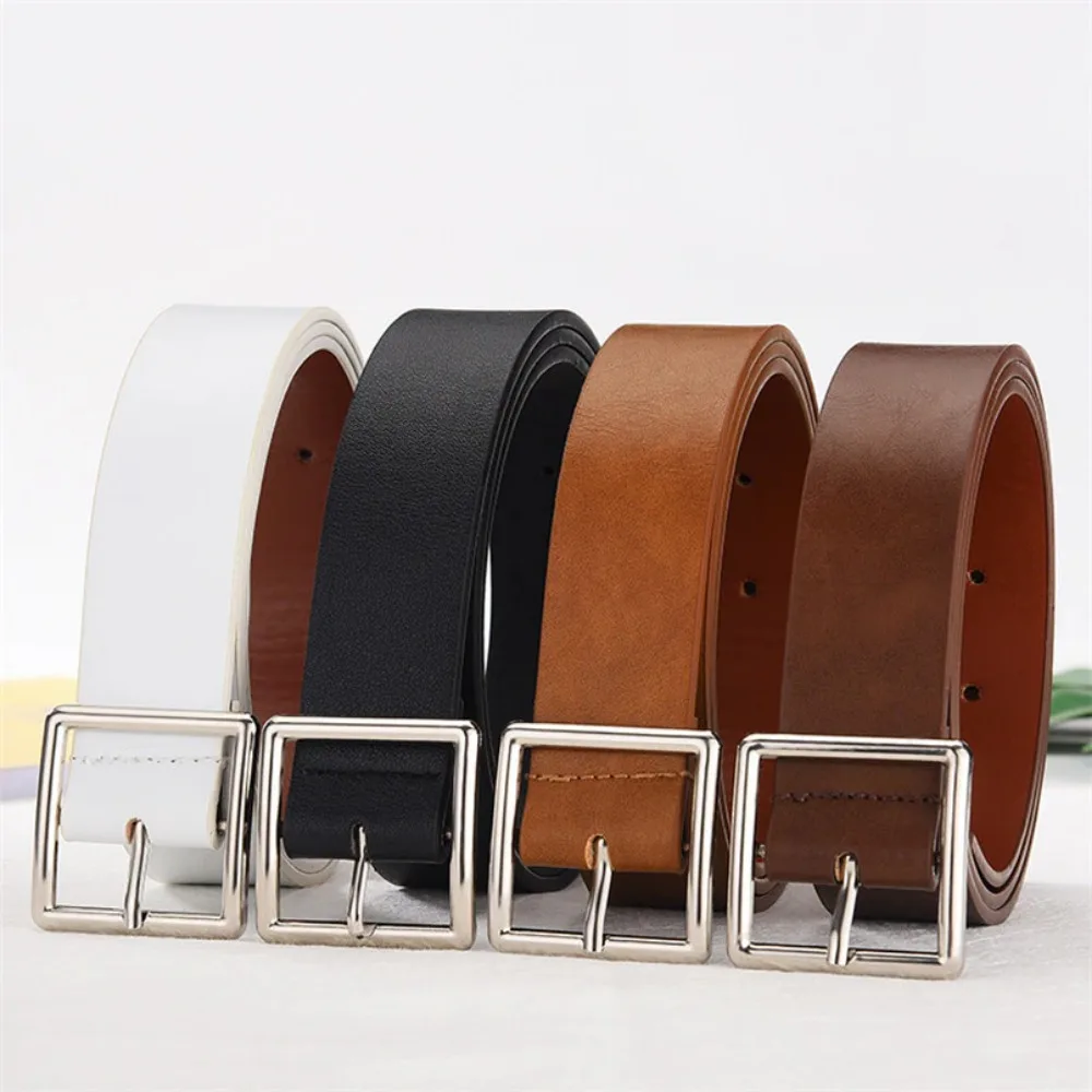 Women's Belt PU Leather Rectangle Metal Buckle Black Khaki White Red Fashion Accessories Waistband for Women