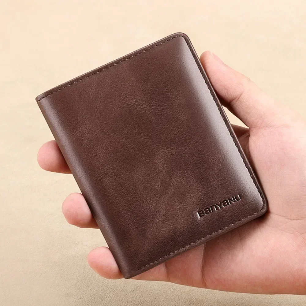 Premium Genuine Leather RFID Slim Vertical Wallet for Men - Minimalist Black/Card Holder