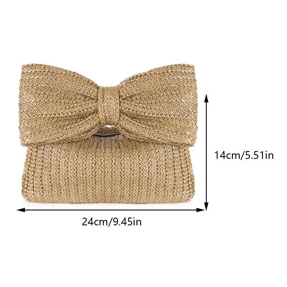 Women Straw Evening Bag with Bow Zipper Closure Straw Summer Handbag Weaving Clutch Bag Female Party Wedding Bag