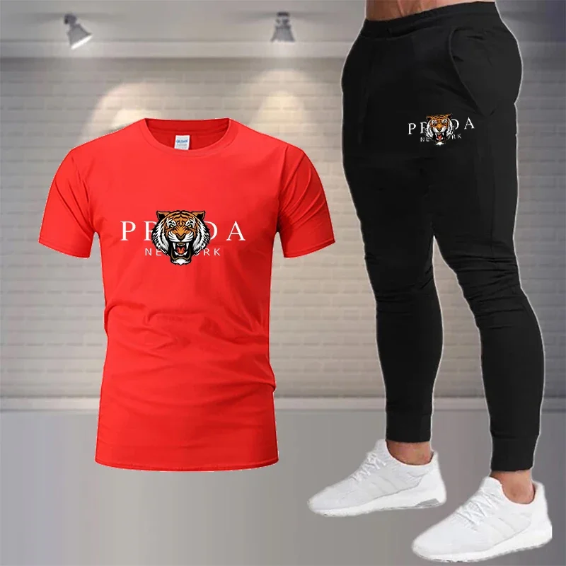 Men's Summer Mesh Short-sleeved Sportswear 2-piece Set T-shirt + Sweatpants Set Fitness Set Printed Tiger Pattern T-shirt S-3XL