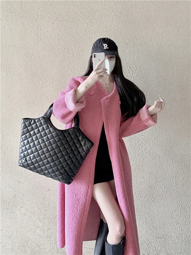 

Pink Lamb Wool Coat Women Trendy New Casual Loose Fur One Piece Mid Length Furry Coat Trendy Long Black Coat Autumn Winter